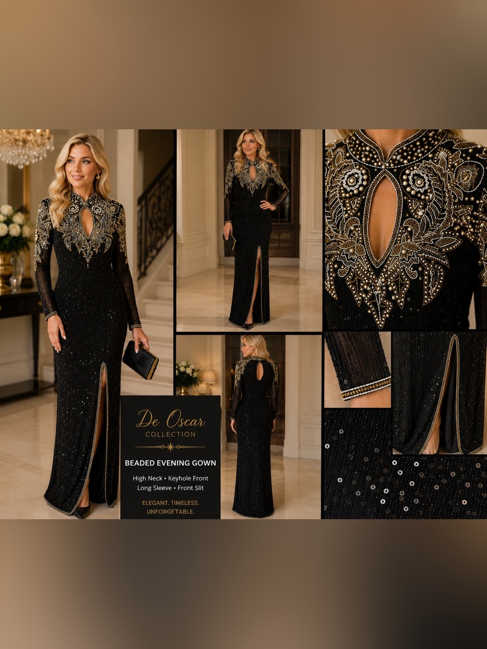 Elegant De Oscar Collection Black Long-Sleeve Evening Gown with Gold Embellishme - Picture 2 of 9